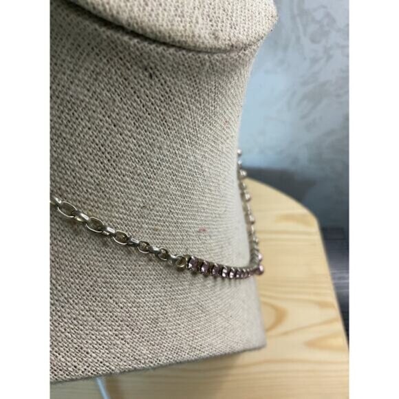 Vintage Pink Rhinestone & Faux Pearl Necklace With Silver Chain Lobster Clasp - Picture 4 of 5